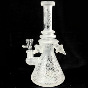 BIIGO Glass By Lookah - 9" Geometric Art Sand Blasted Beaker Water Pipe [GTG-04-CL]